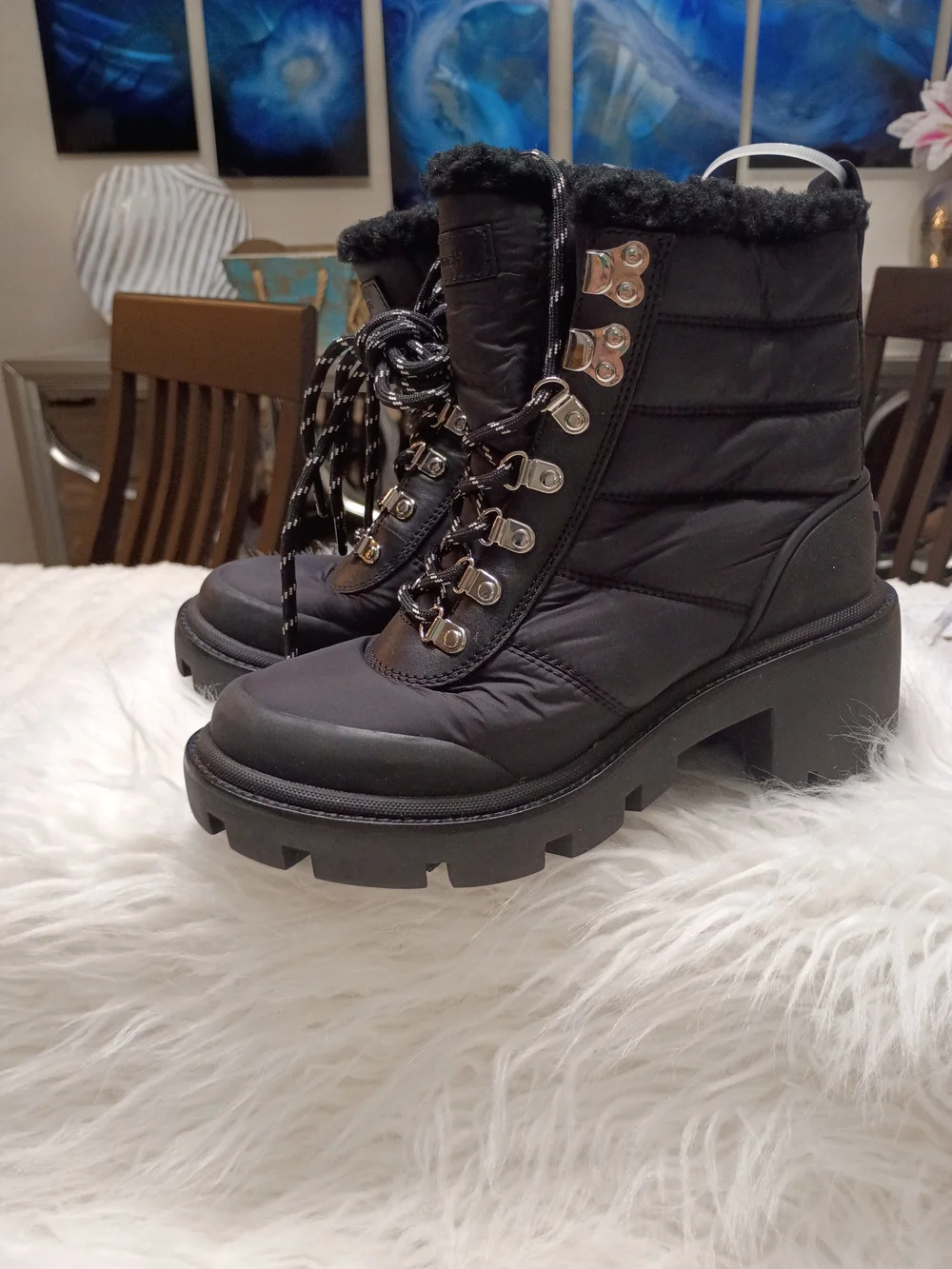 New Tory Burch Gressame Generation Black Quilted Faux-Fur Lug Sole Winter Boots